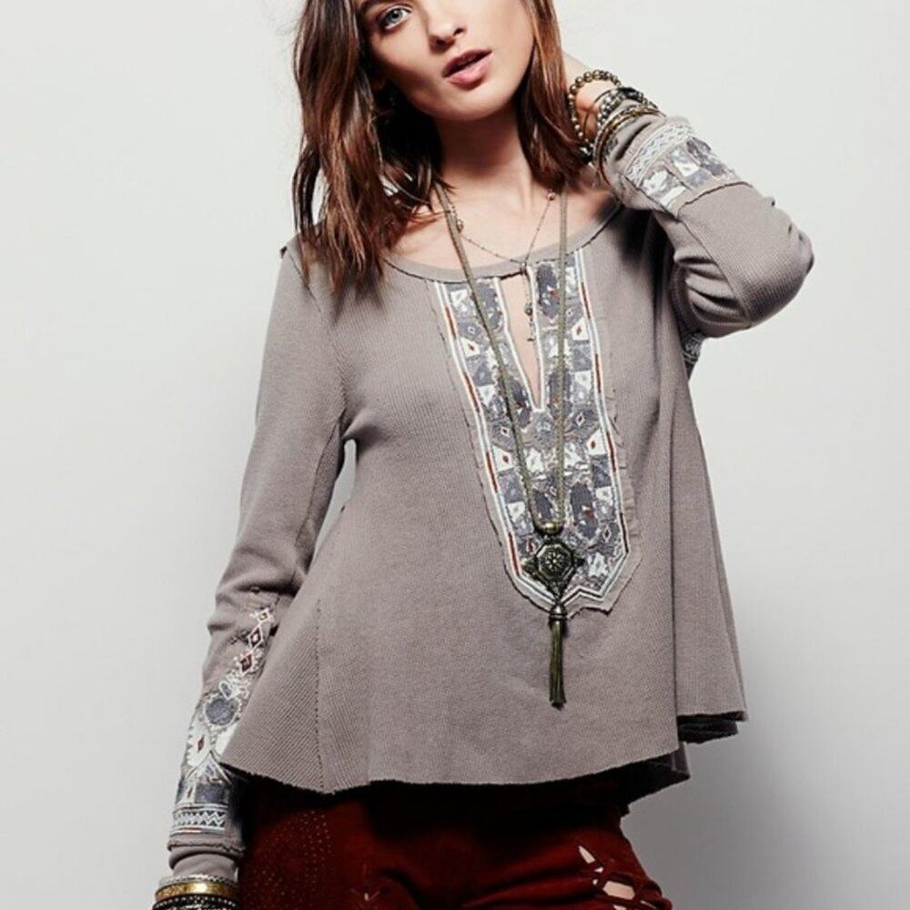 Free People X Marion Taupe Embroidered Long Sleeve Thermal Tee